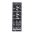 Black panel eurorack module with knobs, toggle switches, and multiple 3.5mm jacks labeled for voices and filters.