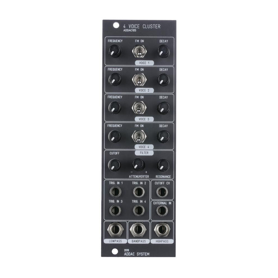 Black panel eurorack module with knobs, toggle switches, and multiple 3.5mm jacks labeled for voices and filters.