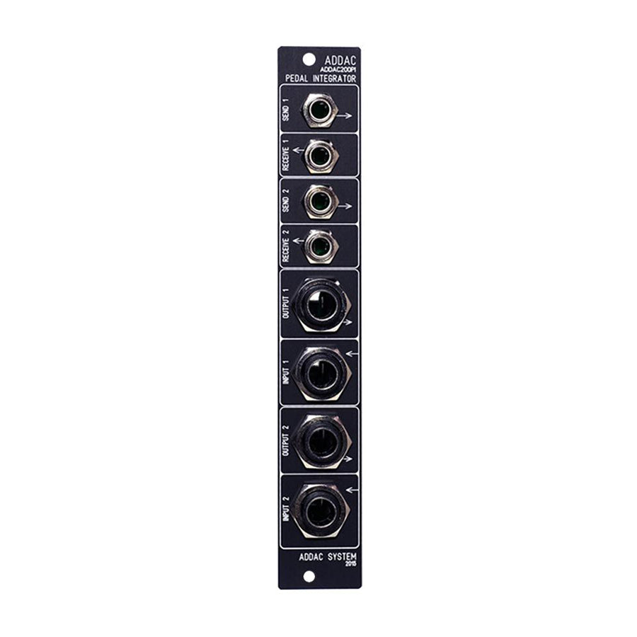 Black ADDAC System ADDAC200PI eurorack module with eight 6.35mm jack sockets labeled for send, receive, input, and output.