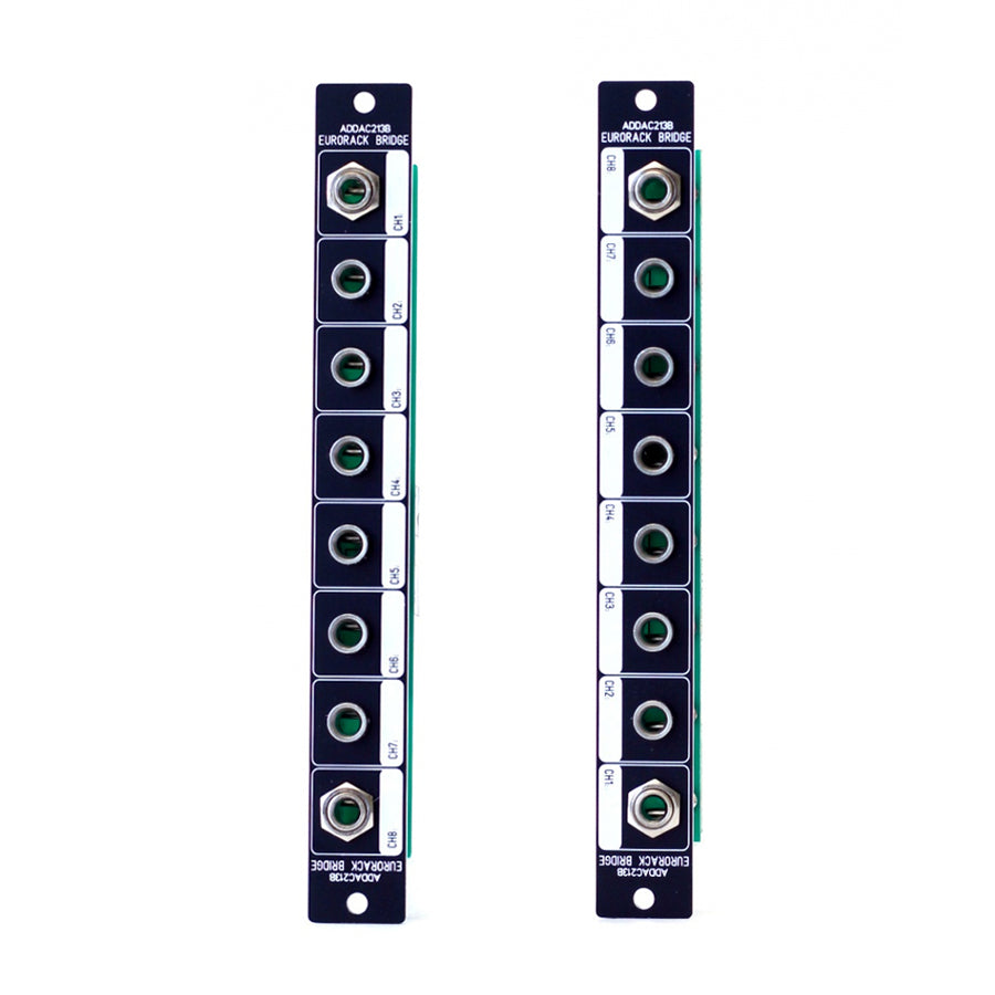Front panel of a Eurorack module with labeled channels and multiple round audio jacks.