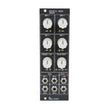 Front panel of a modular synthesizer discrete mixer with six knobs and eight 1/4 inch input/output jacks.