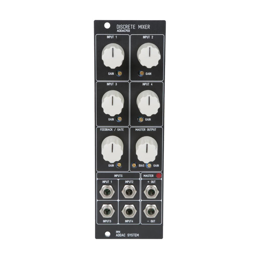 Front panel of a modular synthesizer discrete mixer with six knobs and eight 1/4 inch input/output jacks.