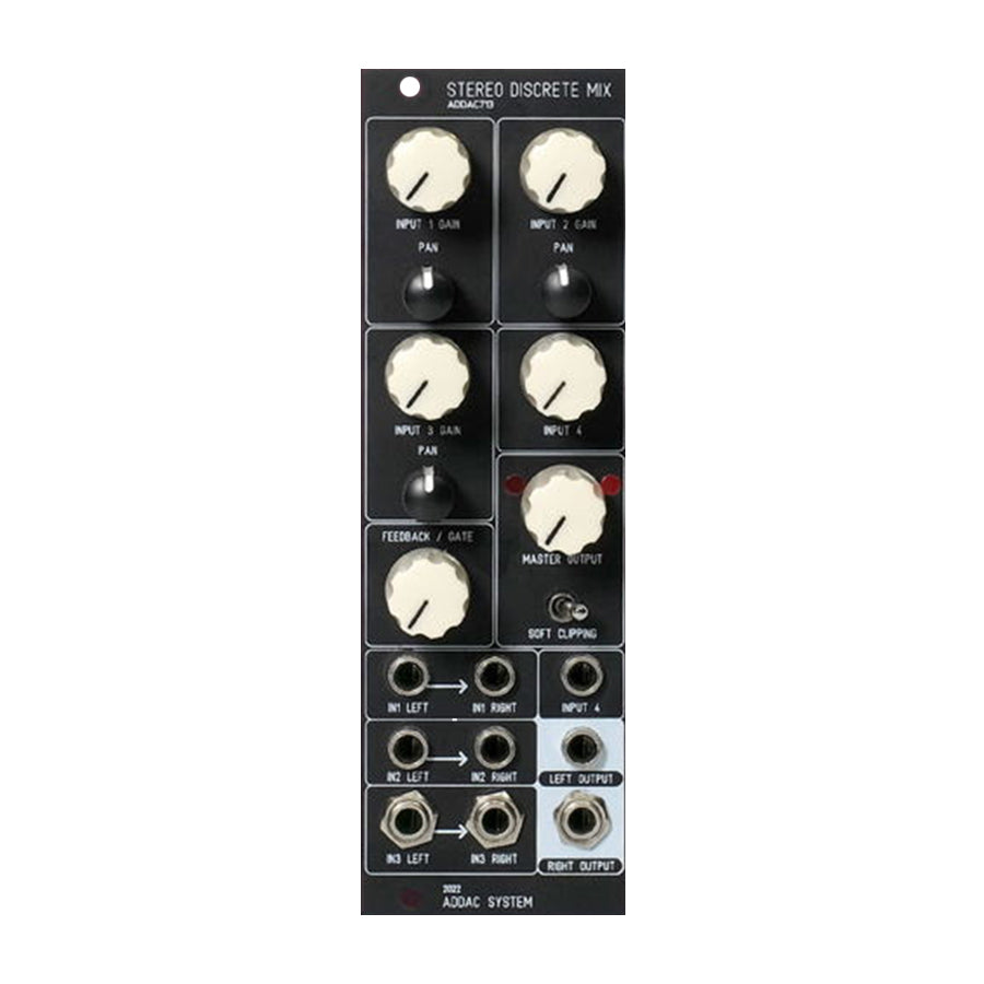 Front panel of a black audio mixer module with multiple knobs, toggle switch, and 3.5mm audio input/output jacks.