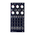 Black eurorack mixing console module with five VCA sections, knobs, toggle switches, and multiple patch cable jacks.