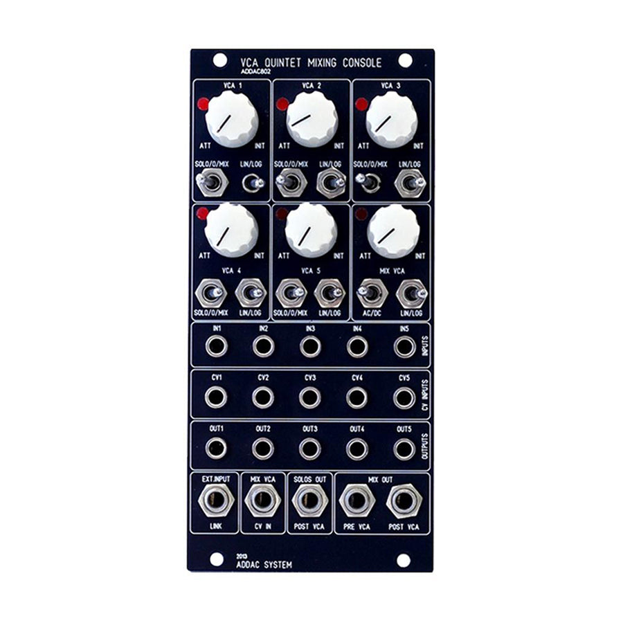 Black eurorack mixing console module with five VCA sections, knobs, toggle switches, and multiple patch cable jacks.