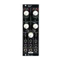 Black modular synthesizer module with multiple knobs, toggle switches, and 3.5mm jacks labeled for audio input and output.