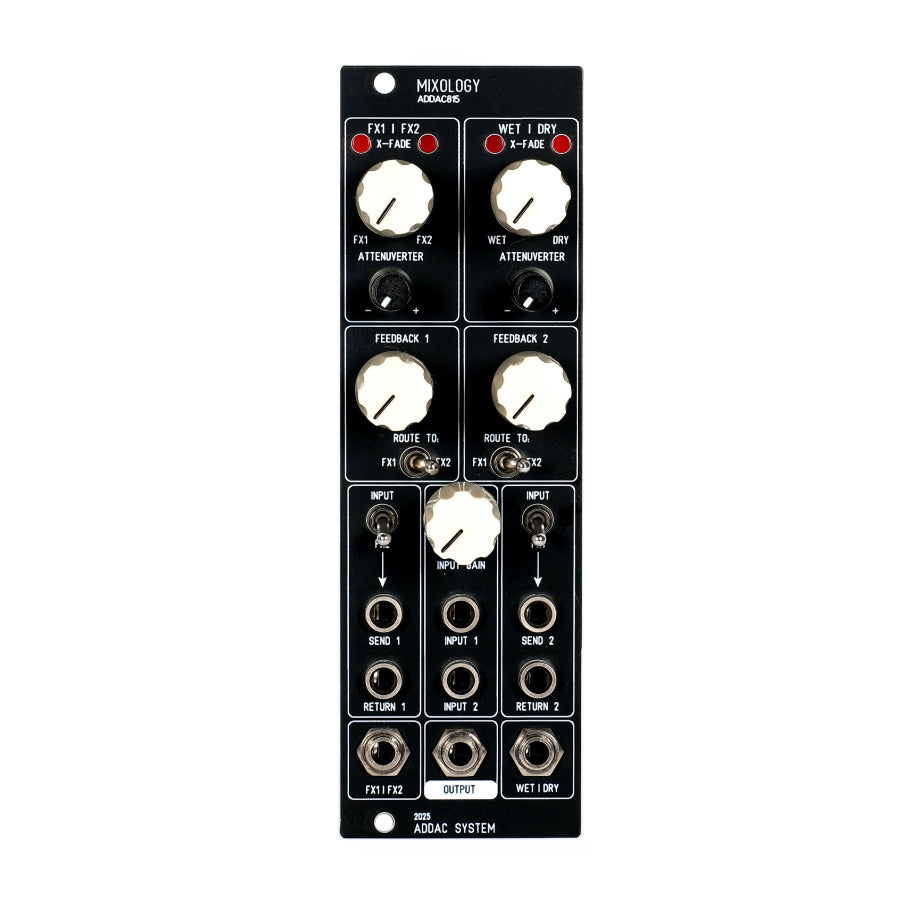 Black modular synthesizer module with multiple knobs, toggle switches, and 3.5mm jacks labeled for audio input and output.
