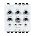 White audio effects pedal with six knobs, five toggle switches, and multiple 1/4 inch audio jacks.