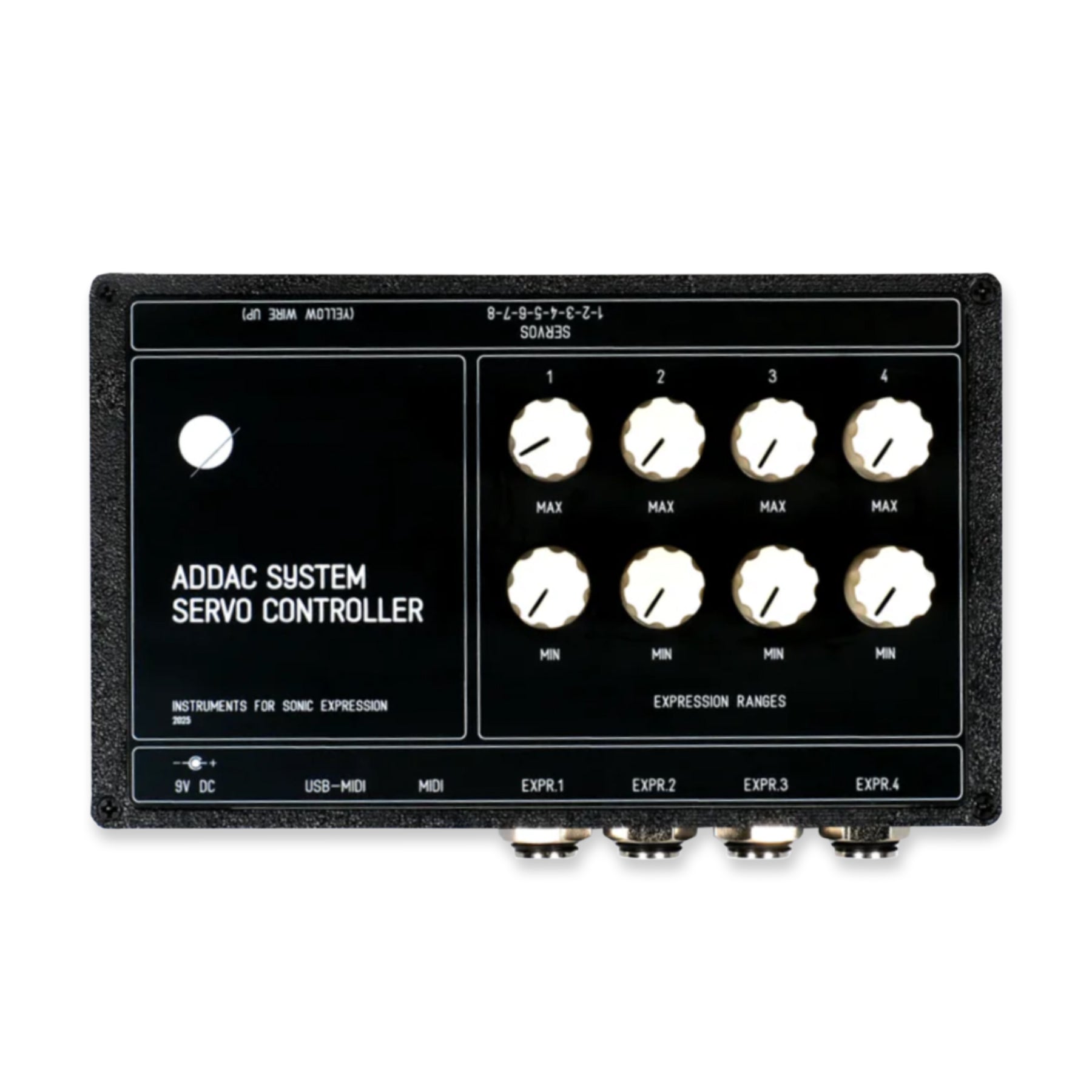 Black rectangular device with 8 white knobs and multiple MIDI, USB, and expression input ports