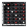 Black control panel with a 6 by 6 grid of black, red, and white rotary knobs labeled as a stereo matrix mixer.