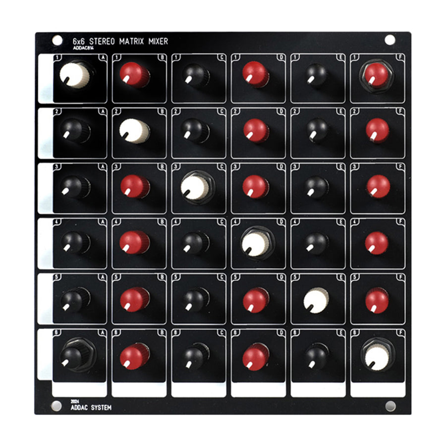 Black control panel with a 6 by 6 grid of black, red, and white rotary knobs labeled as a stereo matrix mixer.