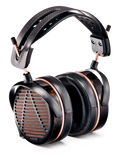 Over-ear headphones with black and rose gold accents, a carbon fiber headband, and leather ear cushions.
