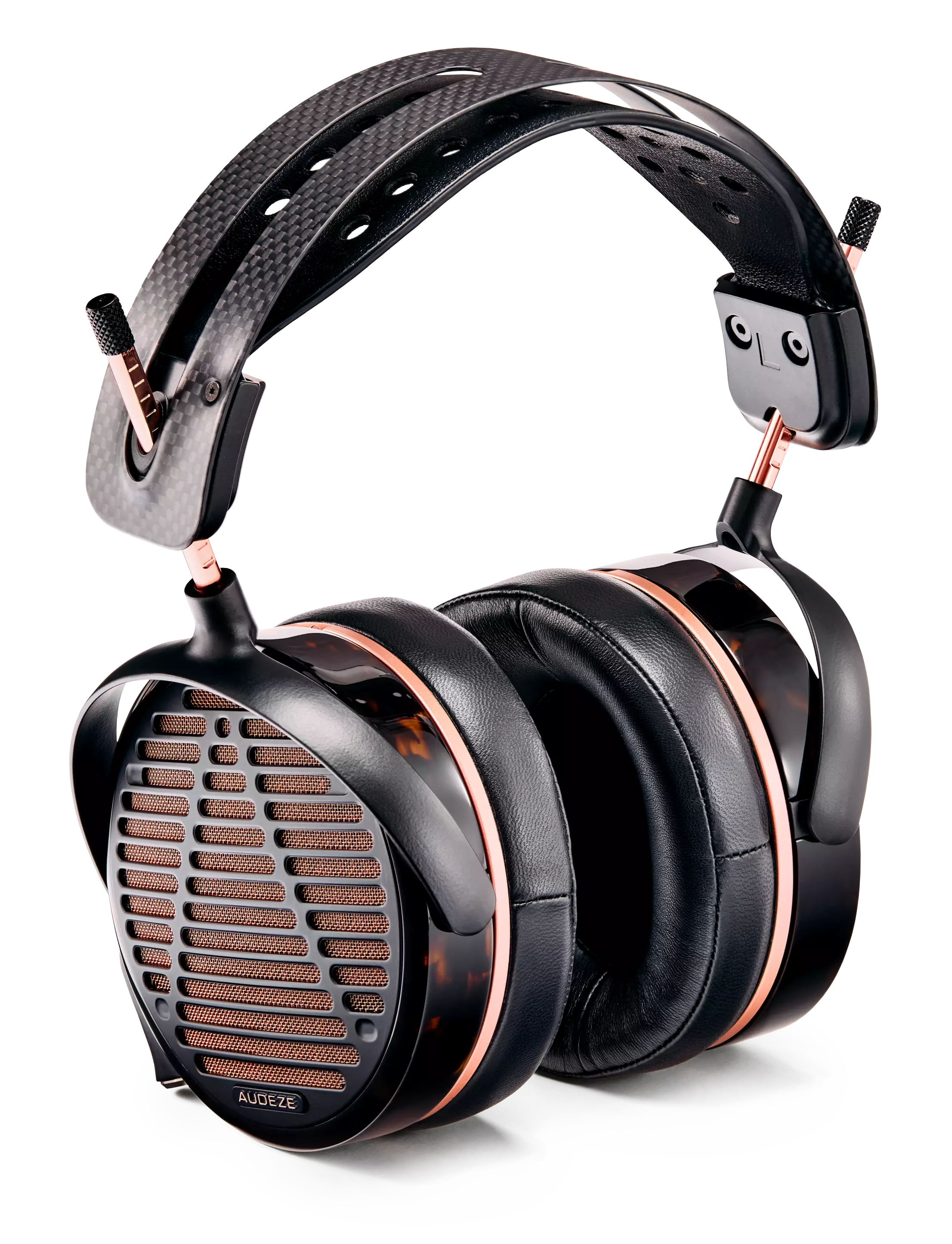 Over-ear headphones with black and rose gold accents, a carbon fiber headband, and leather ear cushions.