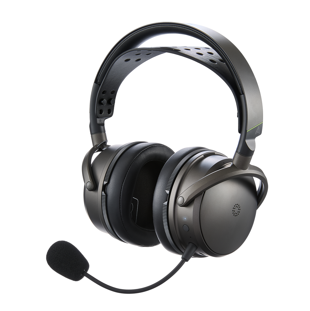 Over-ear wireless headphones with detachable boom microphone and padded headband.