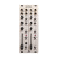 Silver eurorack mixer expander module with knobs, sliders, toggle switches, and multiple 3.5mm audio jacks.