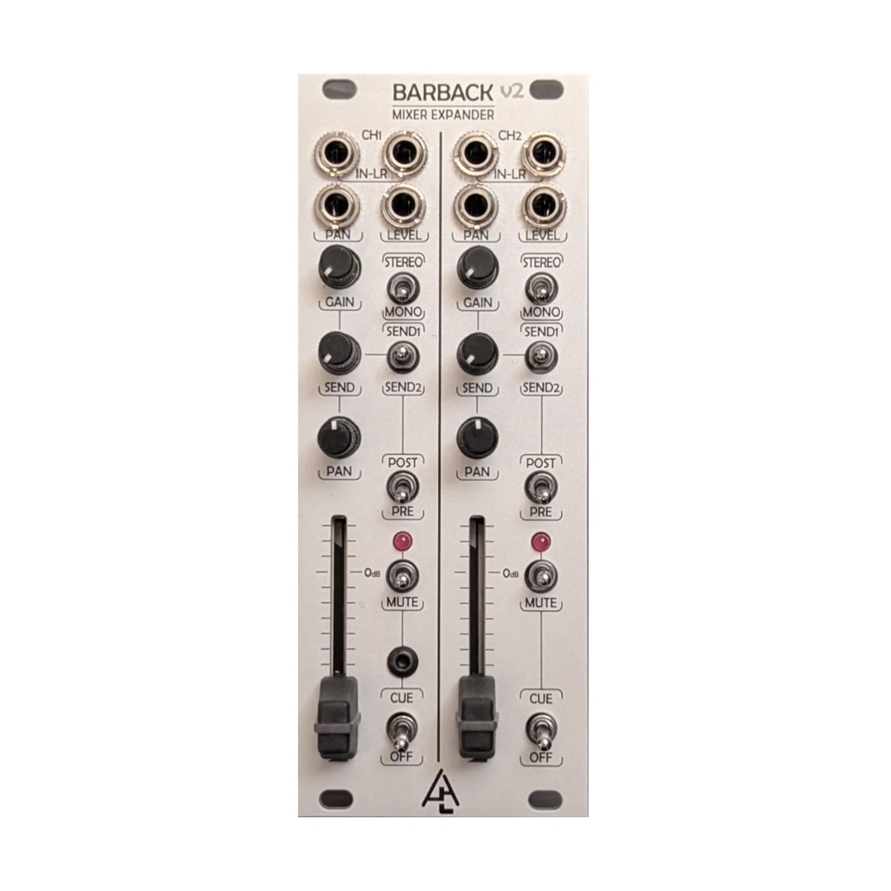 Silver eurorack mixer expander module with knobs, sliders, toggle switches, and multiple 3.5mm audio jacks.