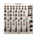 Silver audio mixer module with four channels, knobs, sliders, toggle switches, and multiple audio jacks on front panel.
