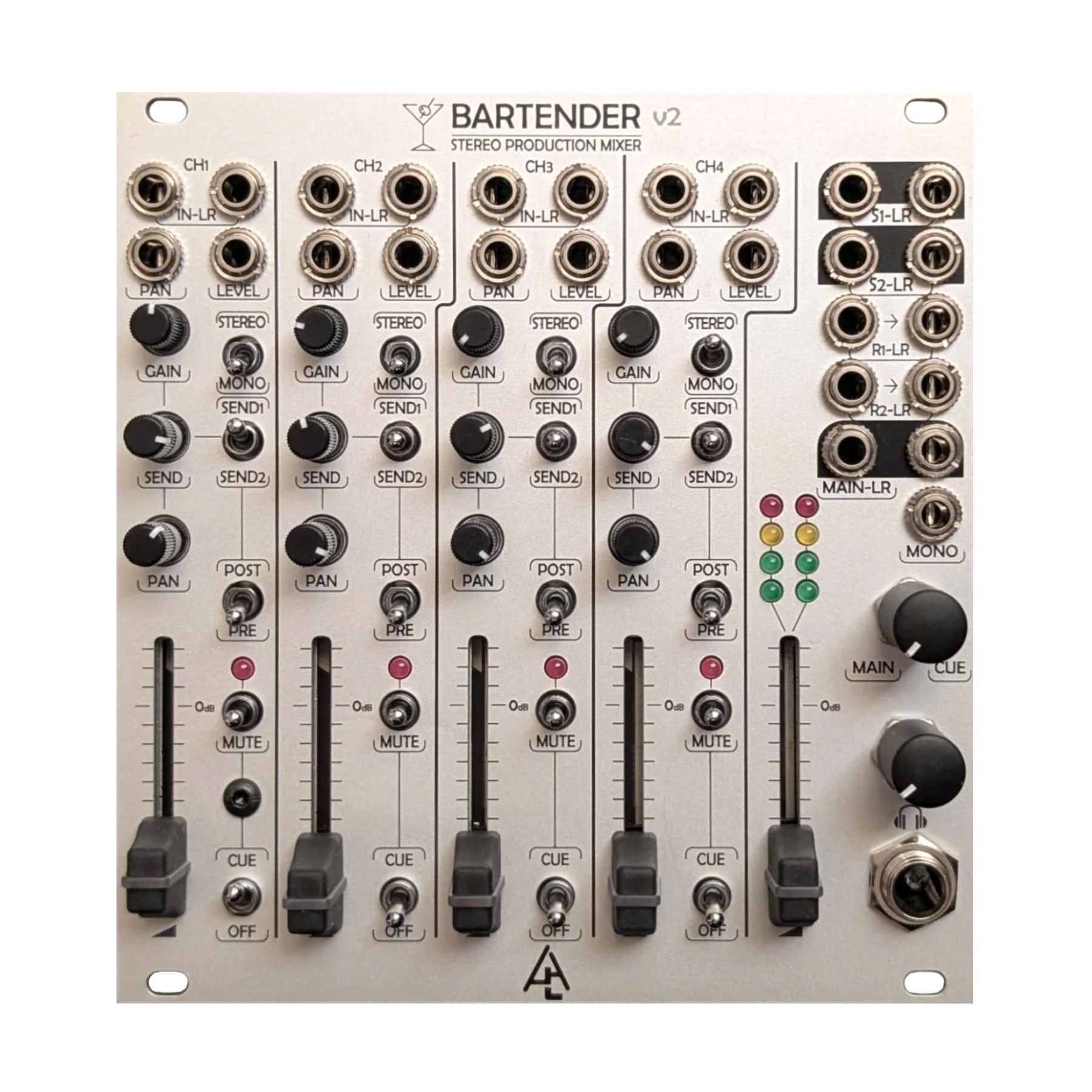Silver audio mixer module with four channels, knobs, sliders, toggle switches, and multiple audio jacks on front panel.