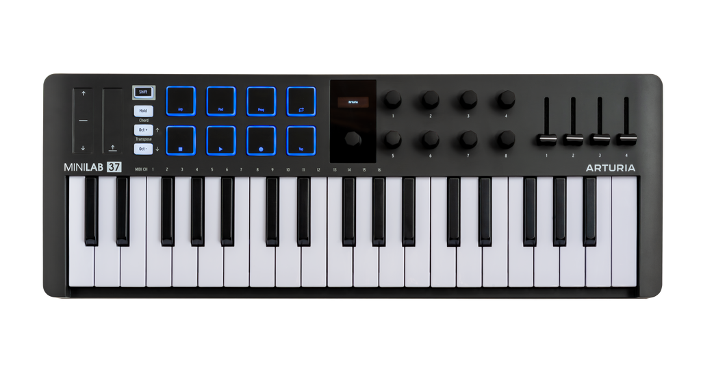 Black MIDI controller keyboard with 37 keys, 8 pads with blue backlight, 8 knobs, 4 faders, and a small display screen.