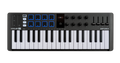 Black MIDI controller keyboard with 37 keys, 8 pads with blue backlight, 8 knobs, 4 faders, and a small display screen.