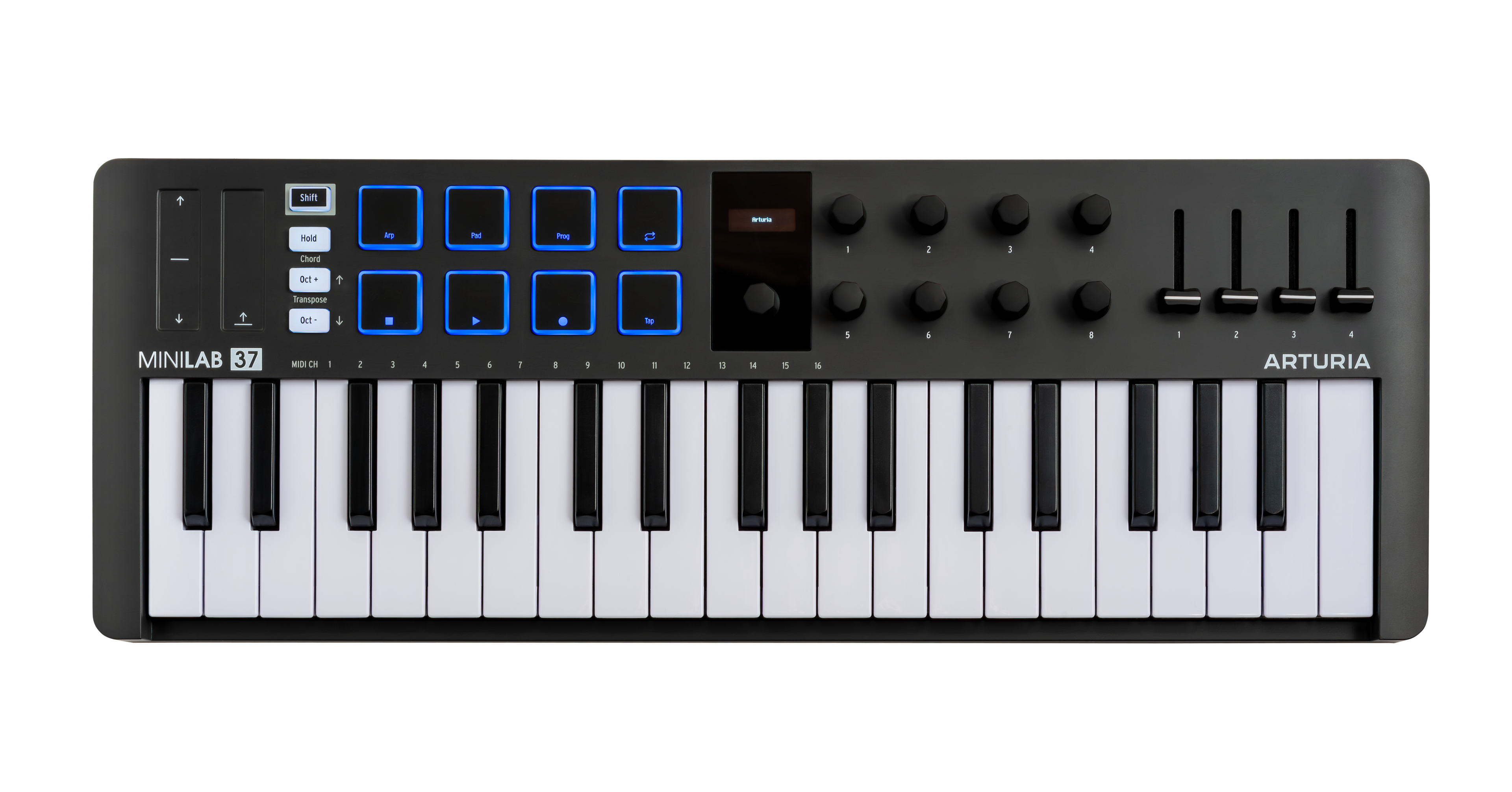 Black MIDI controller keyboard with 37 keys, 8 pads with blue backlight, 8 knobs, 4 faders, and a small display screen.