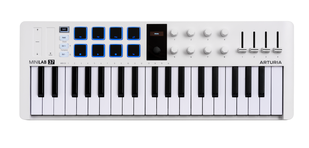 White MIDI controller keyboard with 37 keys, 8 pads, 8 knobs, 4 faders, buttons, and a small display screen.