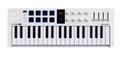 White MIDI controller keyboard with 37 keys, 8 pads, 8 knobs, 4 faders, buttons, and a small display screen.