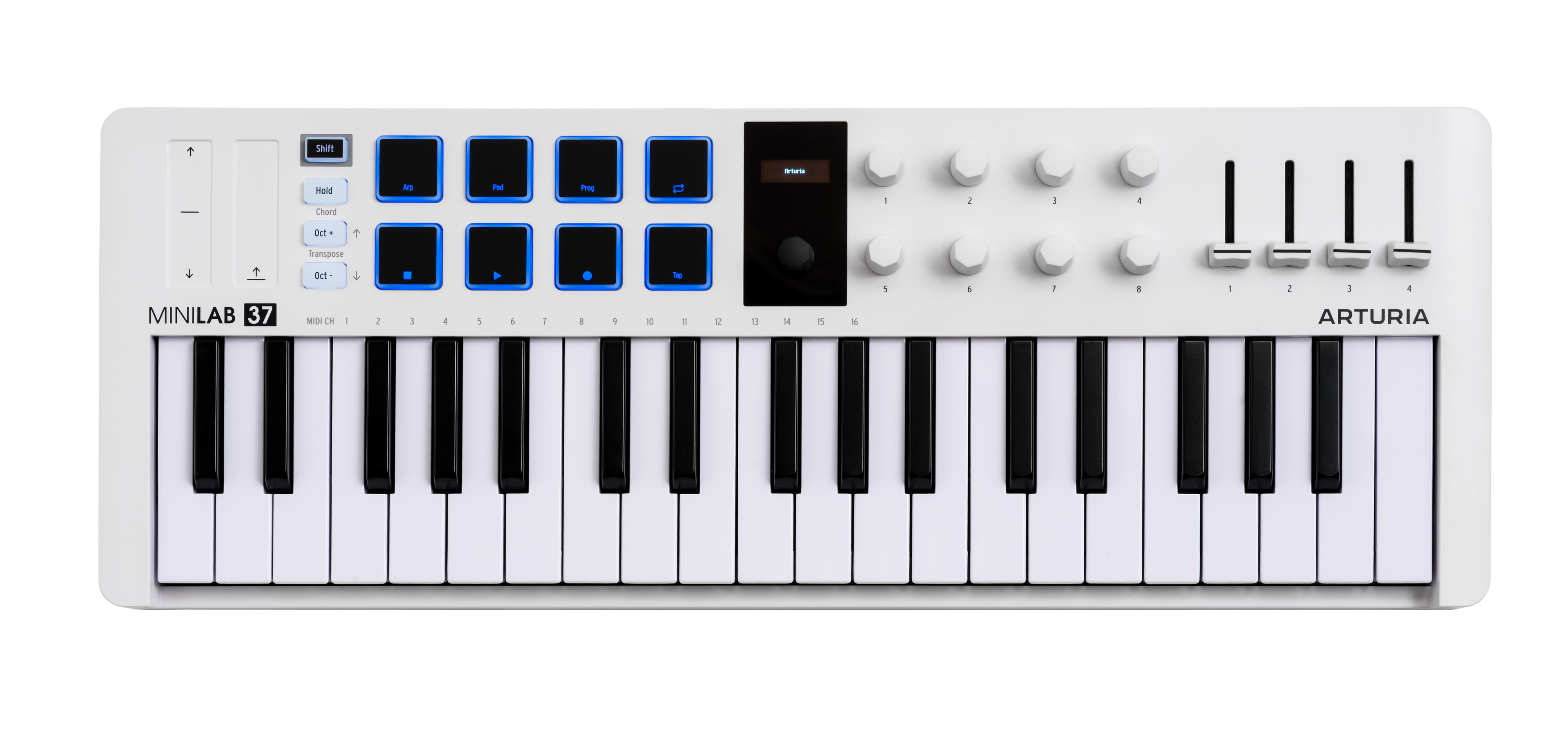White MIDI controller keyboard with 37 keys, 8 pads, 8 knobs, 4 faders, buttons, and a small display screen.