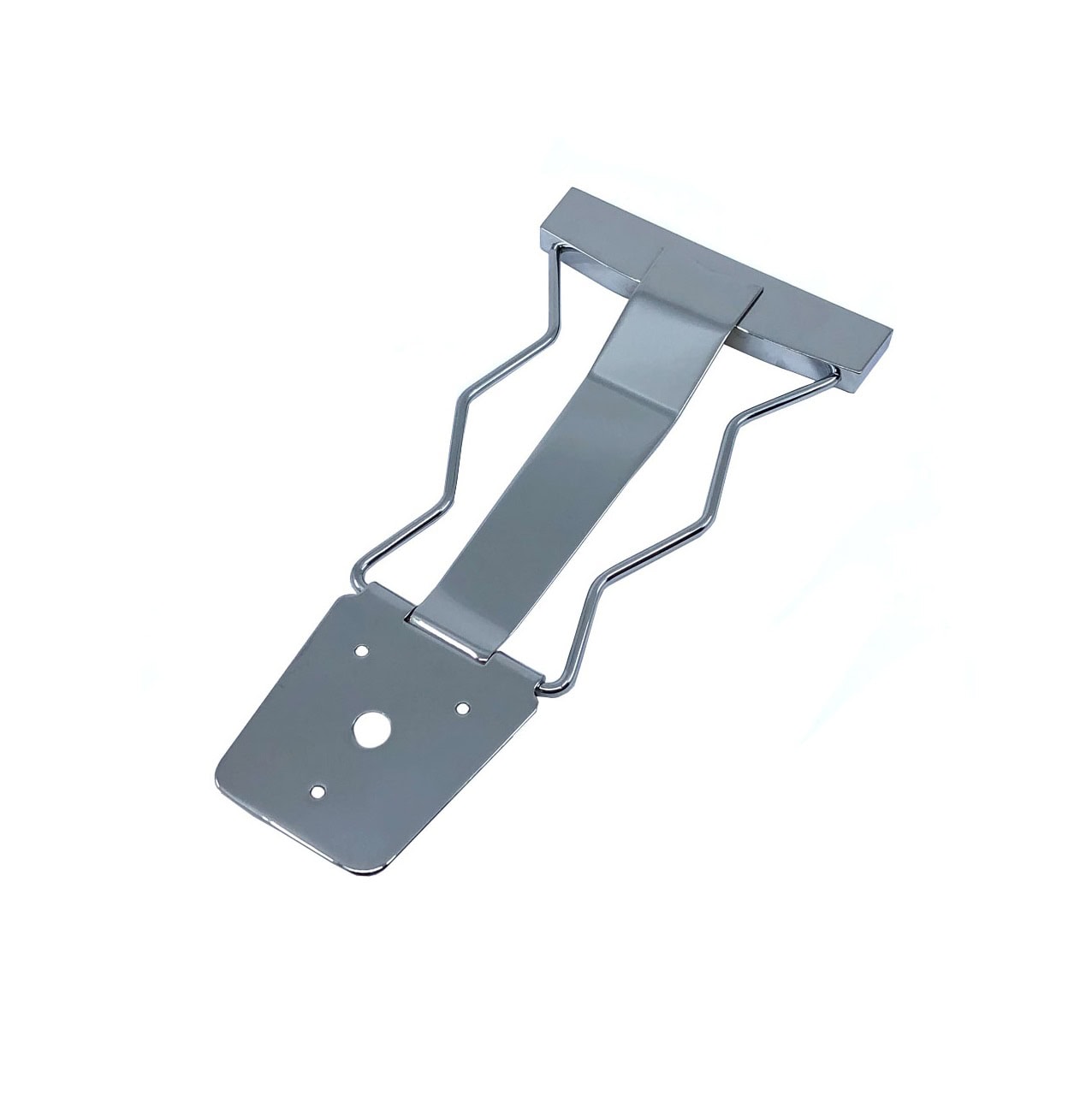 Metal guitar tailpiece with mounting holes and a central raised section on a white background.