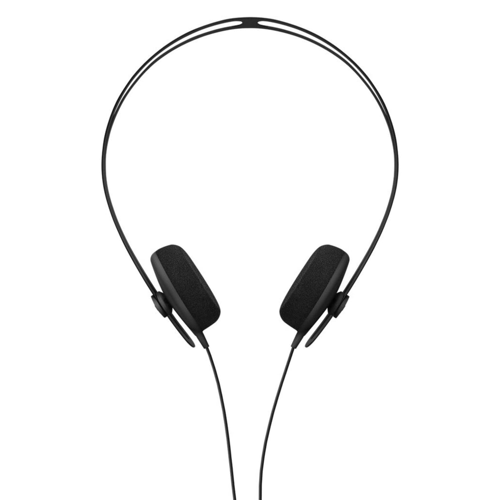 Black lightweight wired headphones with foam ear pads and thin metal headband.