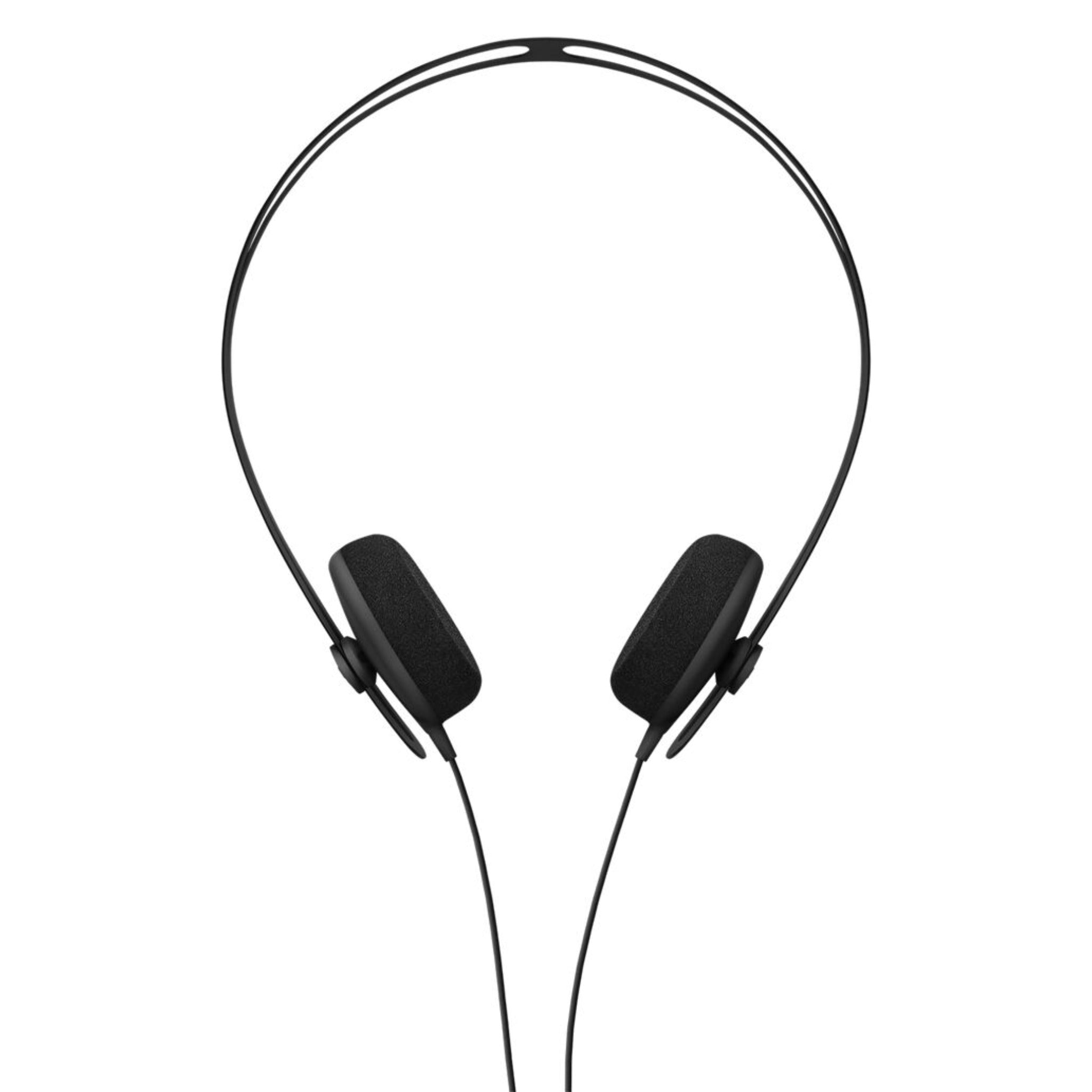 Black lightweight wired headphones with foam ear pads and thin metal headband.