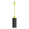 Black rectangular wireless transmitter with a yellow USB-C cable connected.