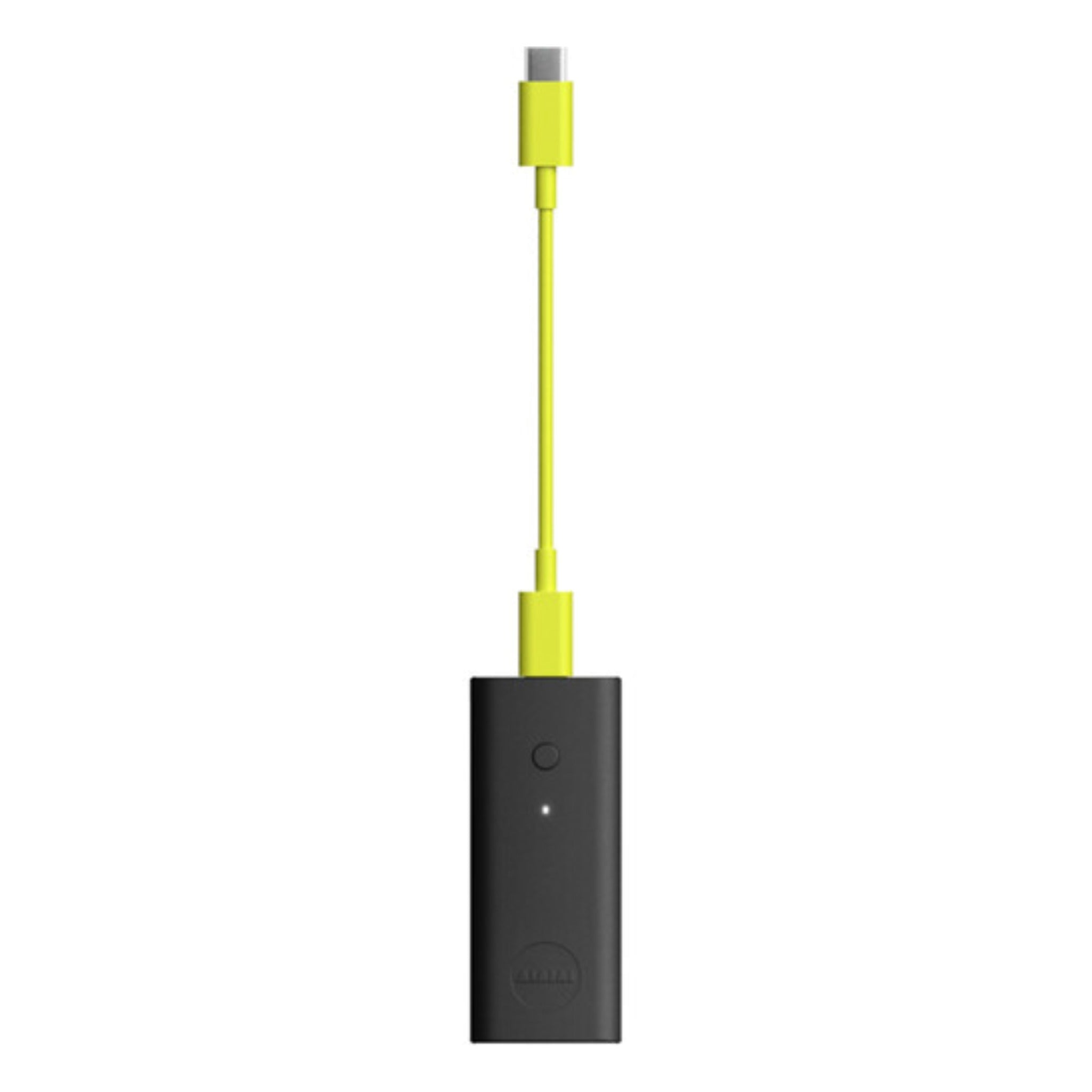 Black rectangular wireless transmitter with a yellow USB-C cable connected.