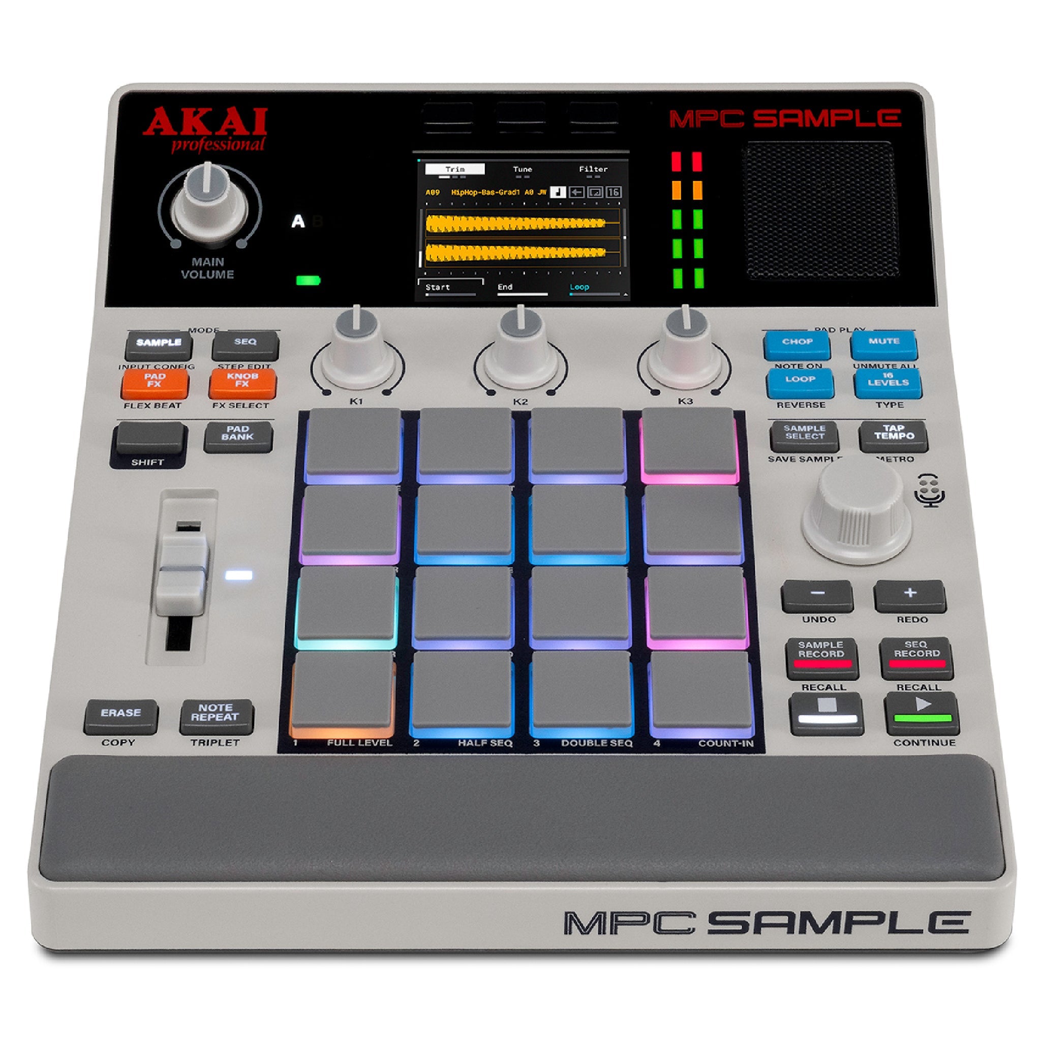 Gray Akai MPC Sample music production controller with 16 multi-colored pads, knobs, and small display screen.