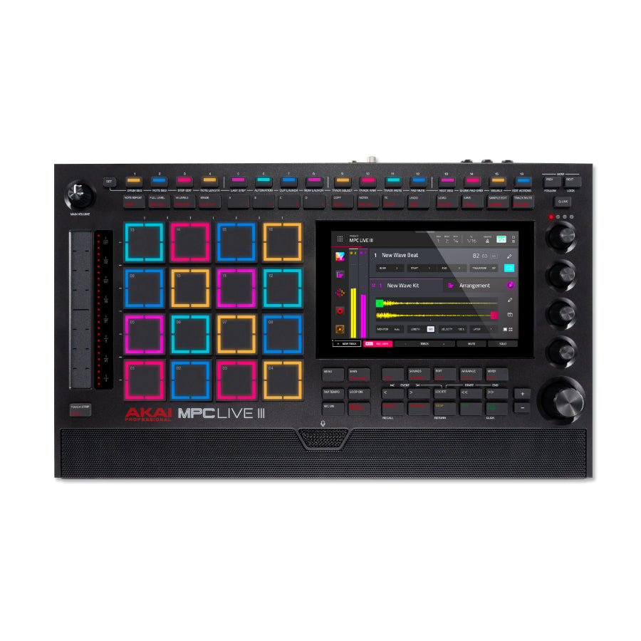 Top view of a black music production controller with colored pads, knobs, buttons, a touchscreen, and a speaker grille