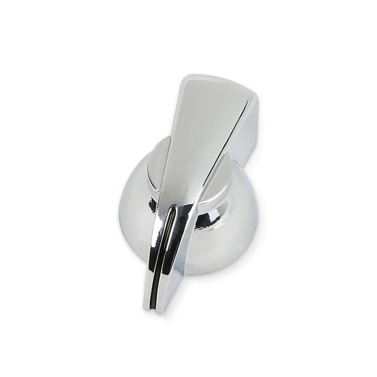 Chrome metal chicken head style knob viewed from an angled top perspective.