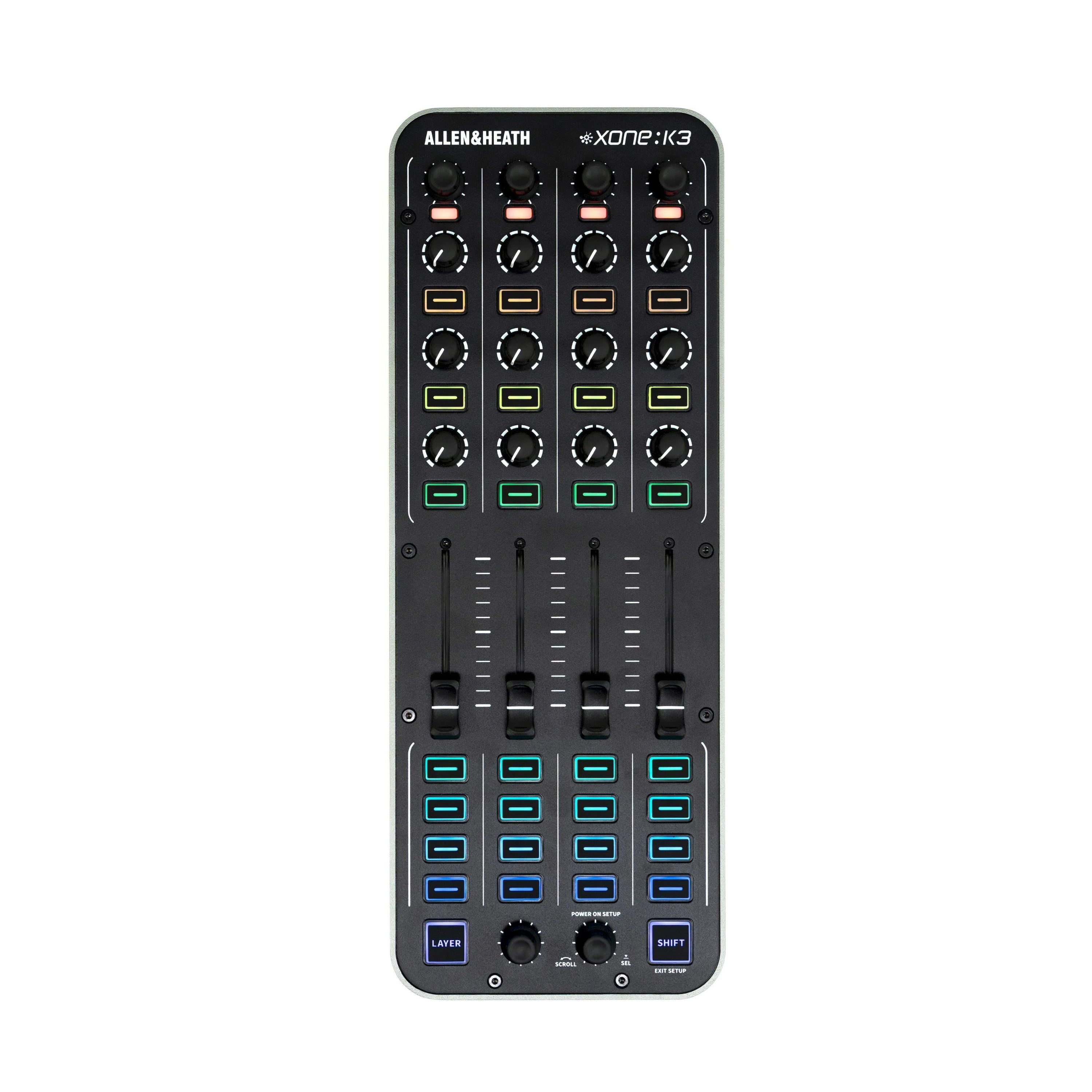 Top view of a black Allen & Heath Xone:K3 mixer with knobs, faders, and multicolored buttons.