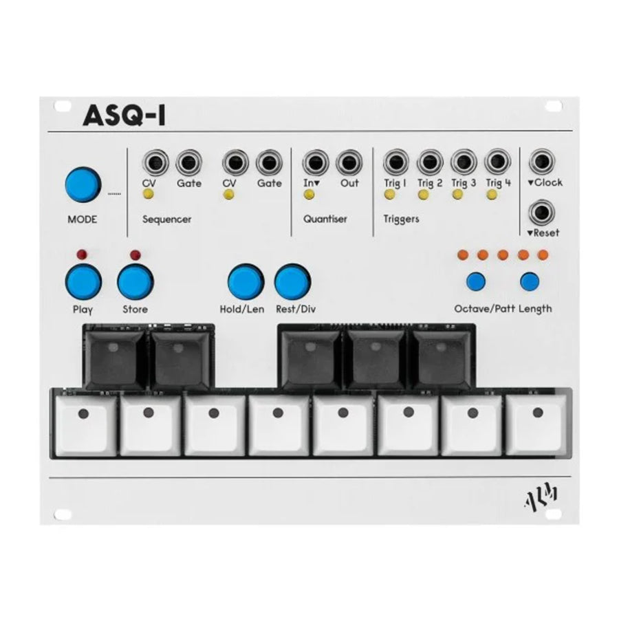 White eurorack module with multiple blue and black buttons, 3.5mm audio jacks, and labeled controls for sequencer and triggers.