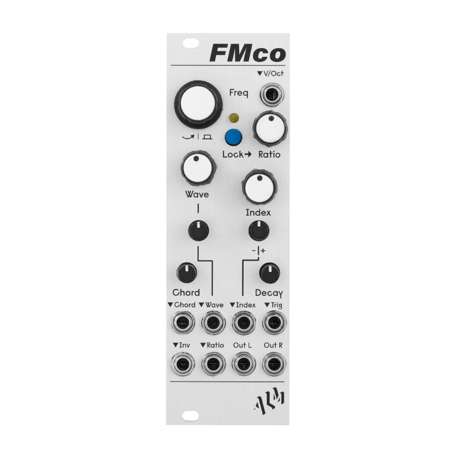 Front view of a white modular synthesizer module with knobs, a blue button, and multiple 3.5mm jacks.