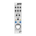 White audio module panel with multiple 3.5mm jack inputs and outputs, two blue buttons, two yellow indicators, and one large central knob.