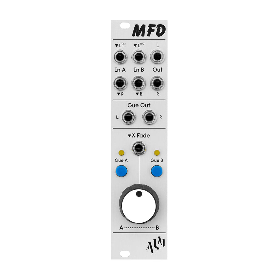 White audio module panel with multiple 3.5mm jack inputs and outputs, two blue buttons, two yellow indicators, and one large central knob.
