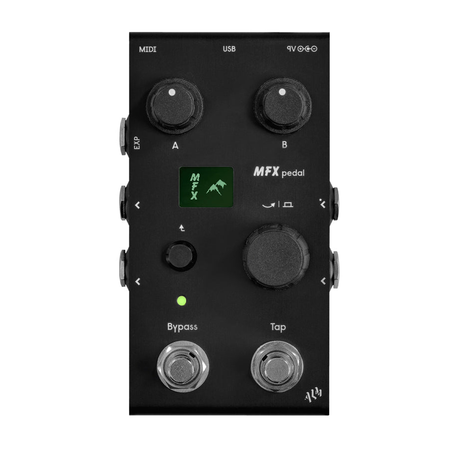 Black MFX pedal with knobs, LCD screen, two footswitches labeled Bypass and Tap, and multiple side jacks including MIDI and USB.