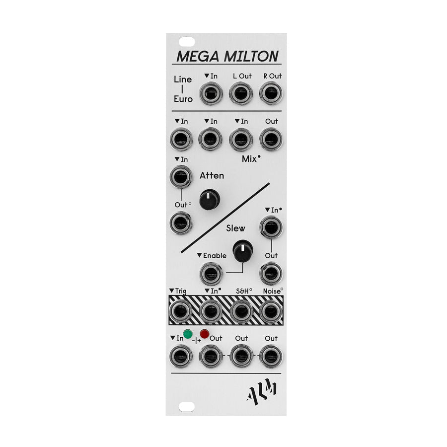 Front panel of a modular synthesizer module with multiple 3.5mm jacks, two knobs, LEDs, and labeled controls.