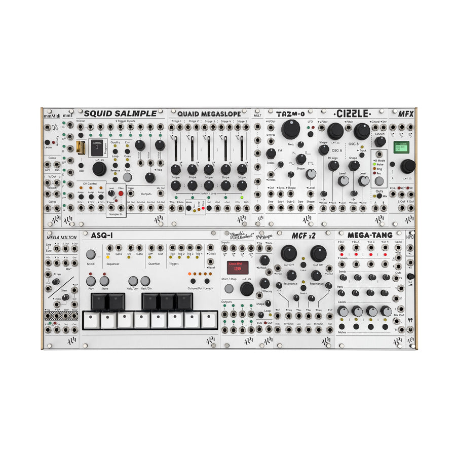 Front view of a modular synthesizer eurorack setup with multiple white modules and various controls and patch points.