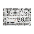 Front view of a modular synthesizer eurorack setup with multiple white modules and various controls and patch points.