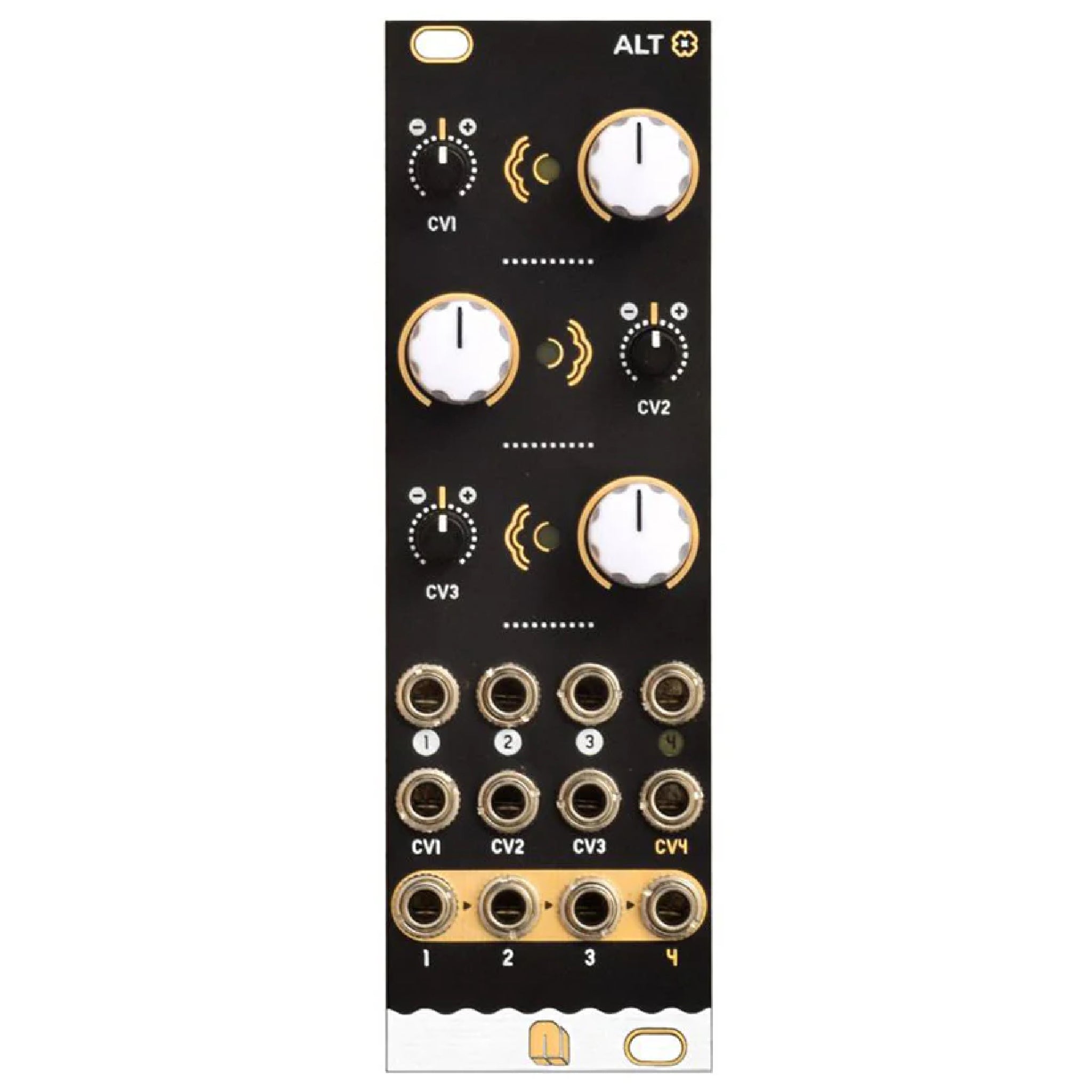 Black modular synth panel with white and black knobs and multiple jack sockets labeled CV1 to CV4 and 1 to 4.
