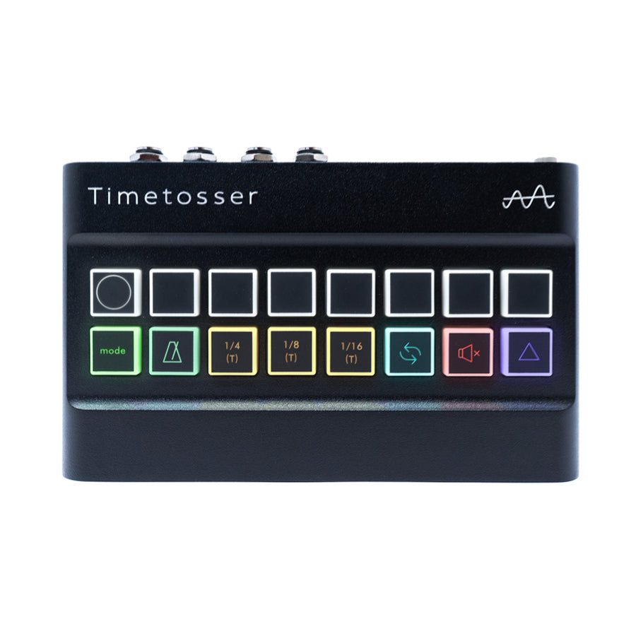 Black device with eight square buttons and four 3.5mm jacks on top labeled Timetosser.