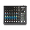 Black analog mixer with multiple input channels, rotary controls, and various audio input/output connectors.