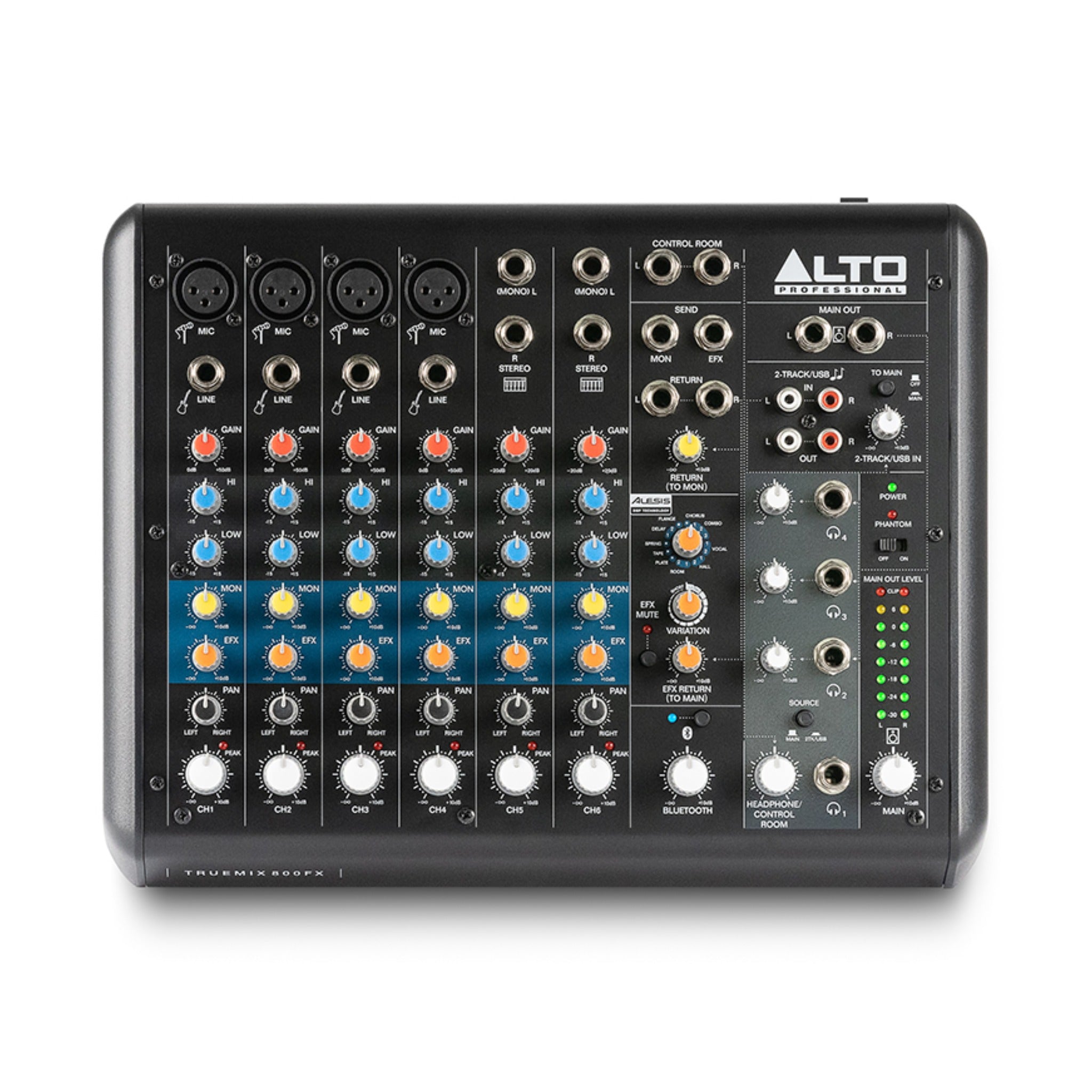 Black analog mixer with multiple input channels, rotary controls, and various audio input/output connectors.