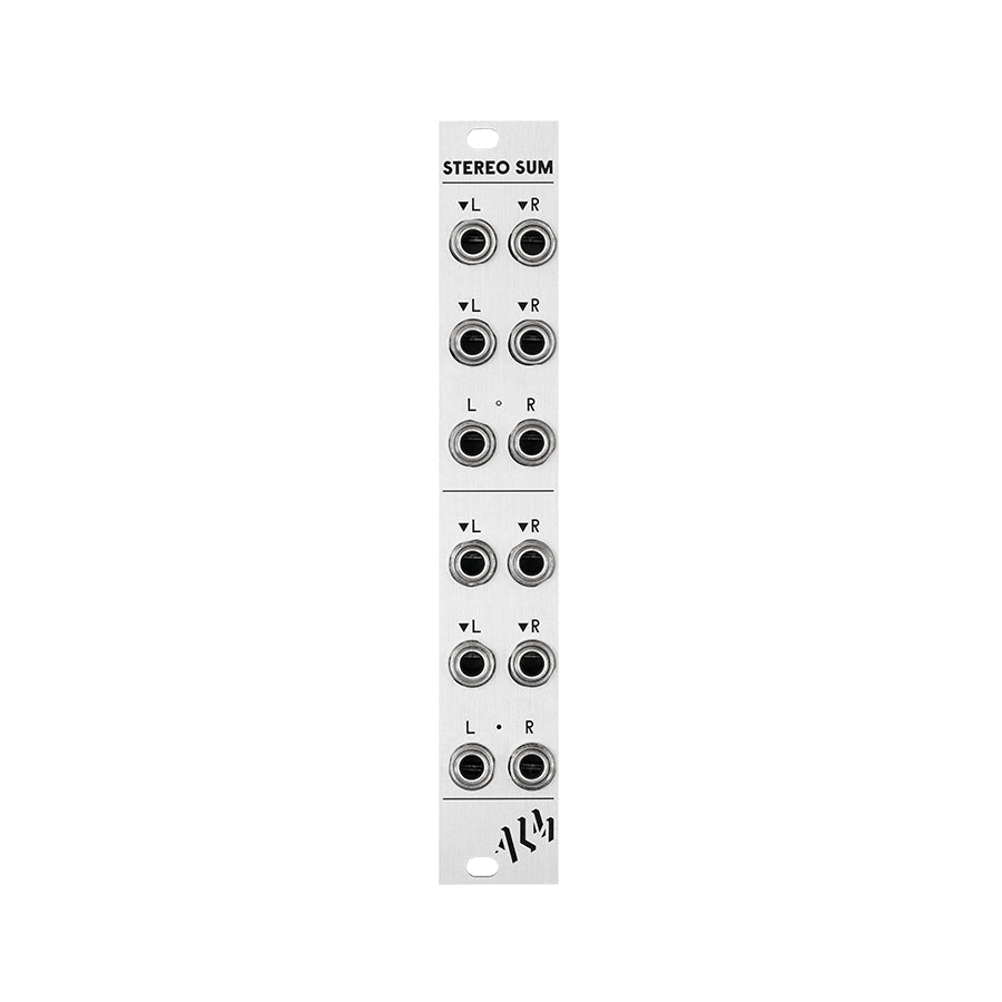 Silver eurorack module with two sets of stereo sum inputs and outputs labeled L and R and the brand ALM.